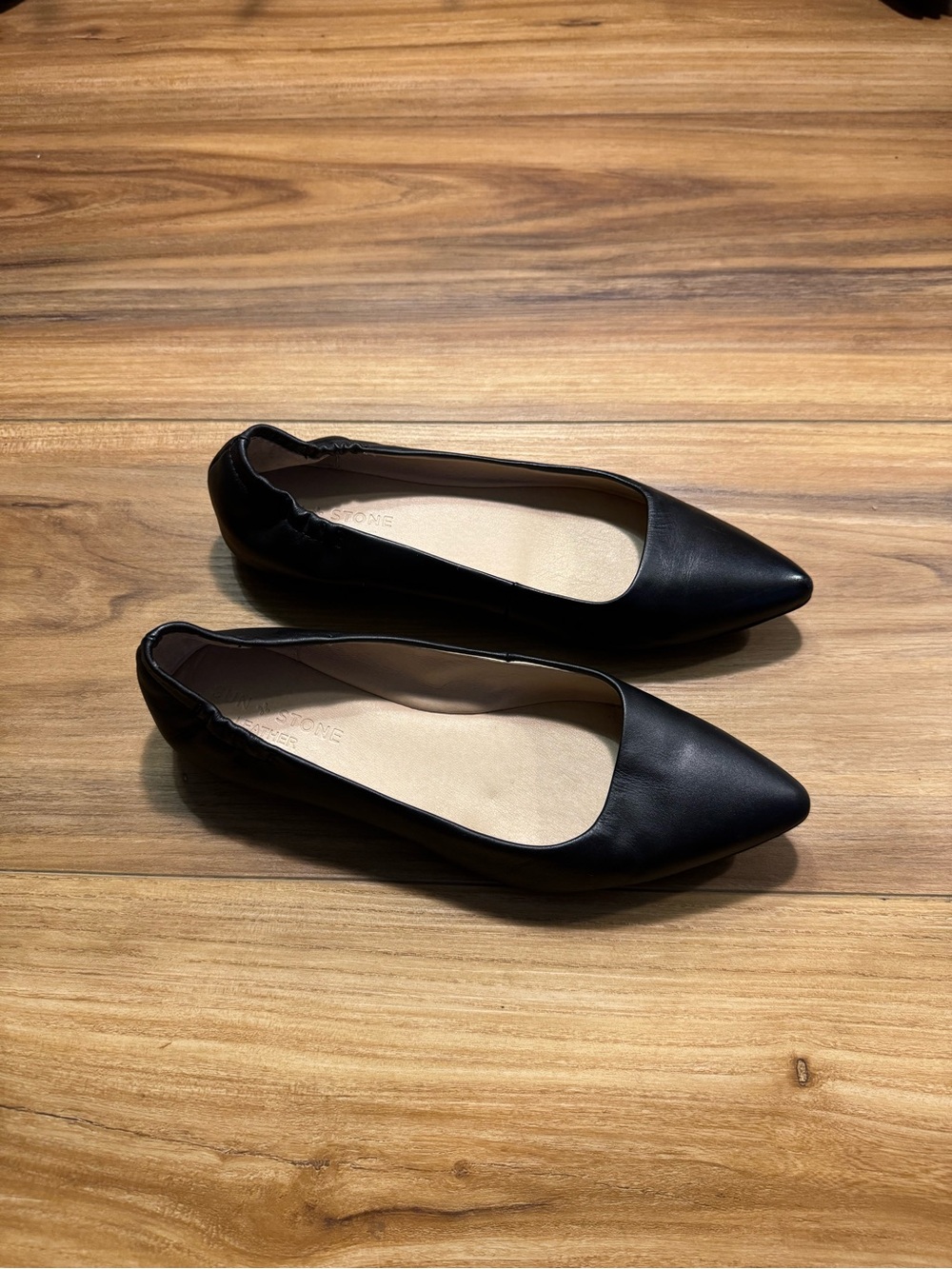 Sun + Stone Black Pointed Leather Ballet Flats with Elastic Heel